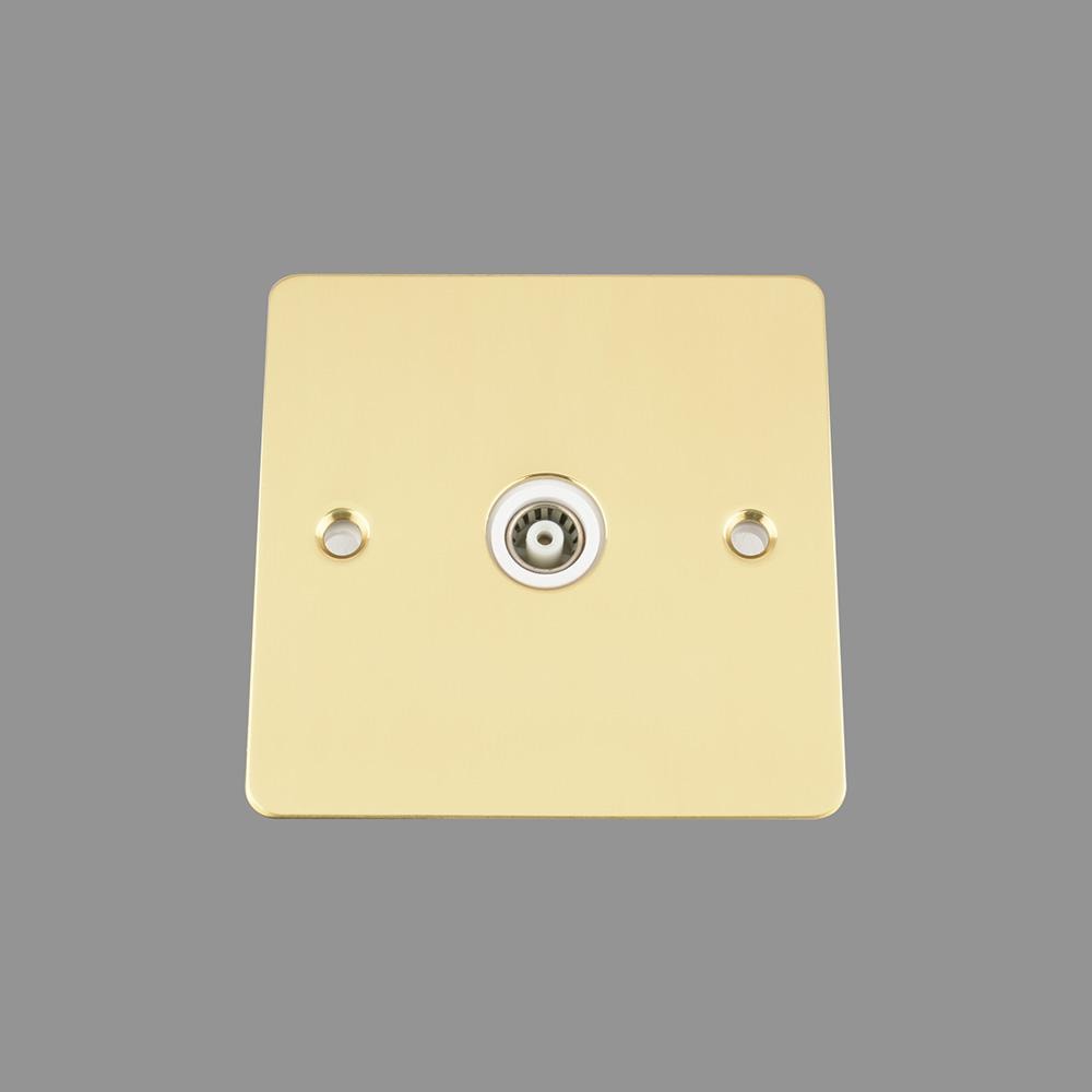 TV Coaxial Aerial Socket Single 1 Gang - Polished Mirror Brass Flat - White Insert