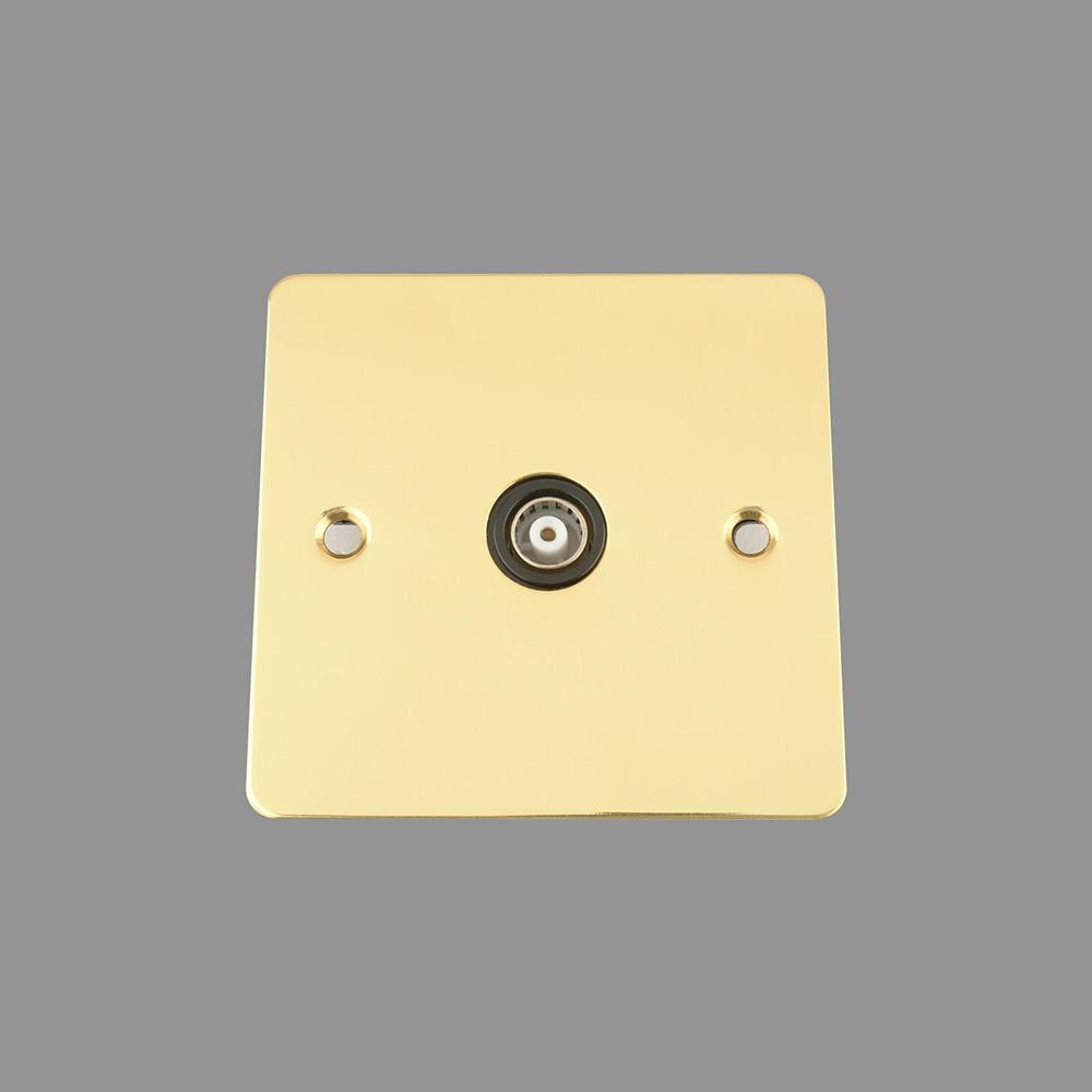 TV Coaxial Aerial Socket Single 1 Gang - Polished Mirror Brass Flat - Black Insert