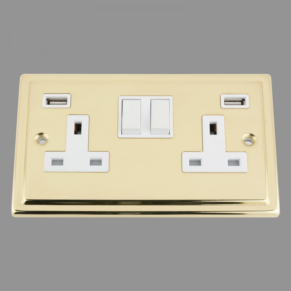 USB Socket 2 Gang - Polished Brass Victorian - White Insert Plastic Switch 3.1