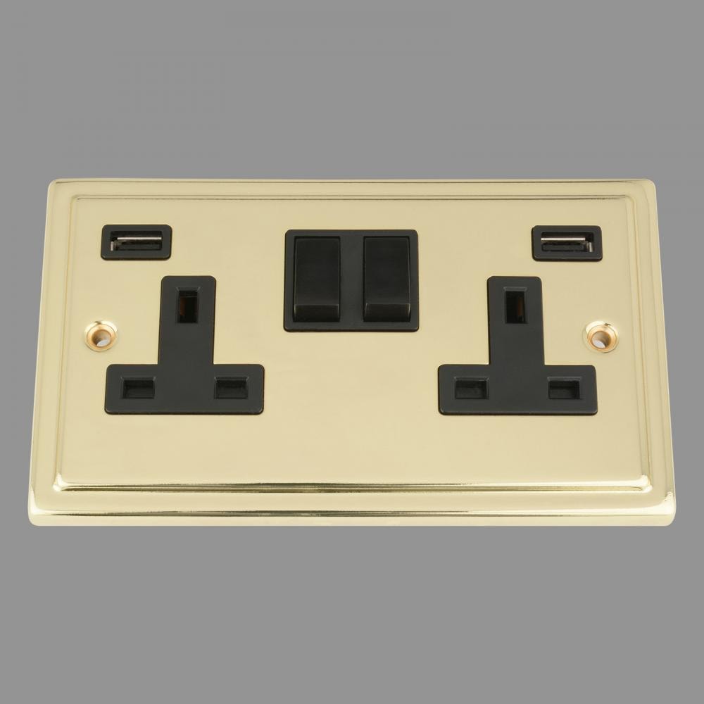 USB Socket 2 Gang - Polished Brass Victorian - Black Insert Plastic Switch 3.1