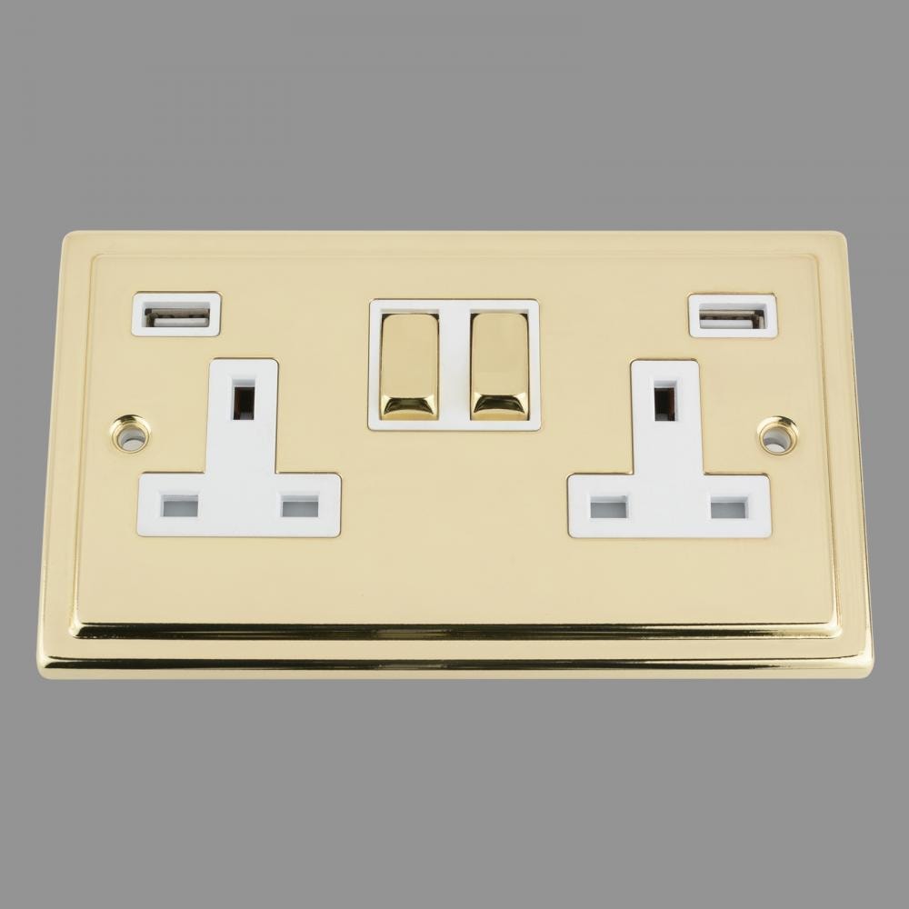 USB Socket 2 Gang - Polished Brass Victorian - White Insert Metal Switch 3.1
