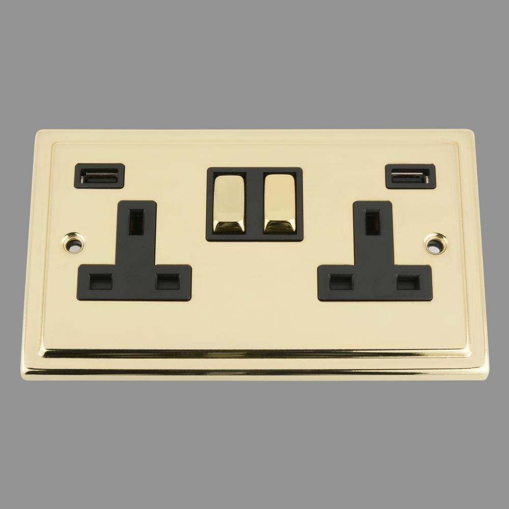 USB Socket 2 Gang - Polished Brass Victorian - Black Insert Metal Switch 3.1