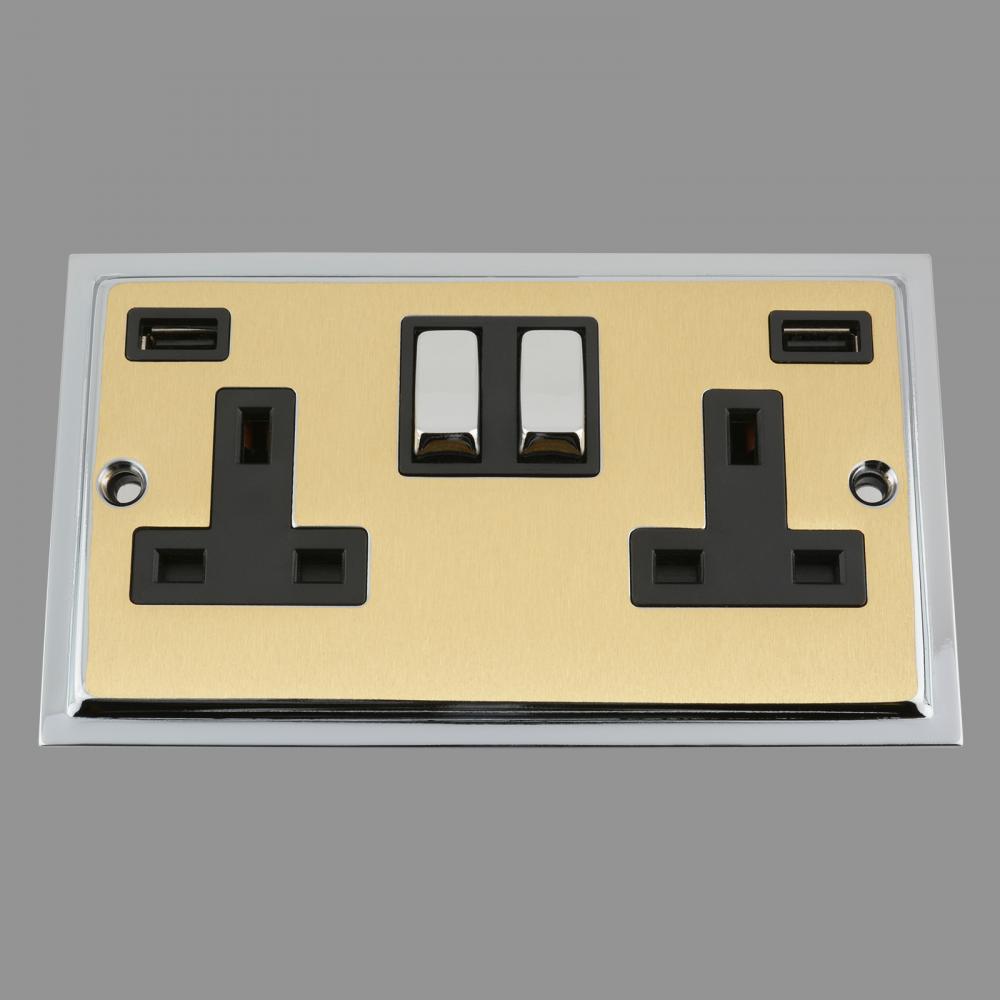 DUO USB SOCKET 3.1A 2 GANG SATIN BRASS CHROME EDGE BLACK METAL