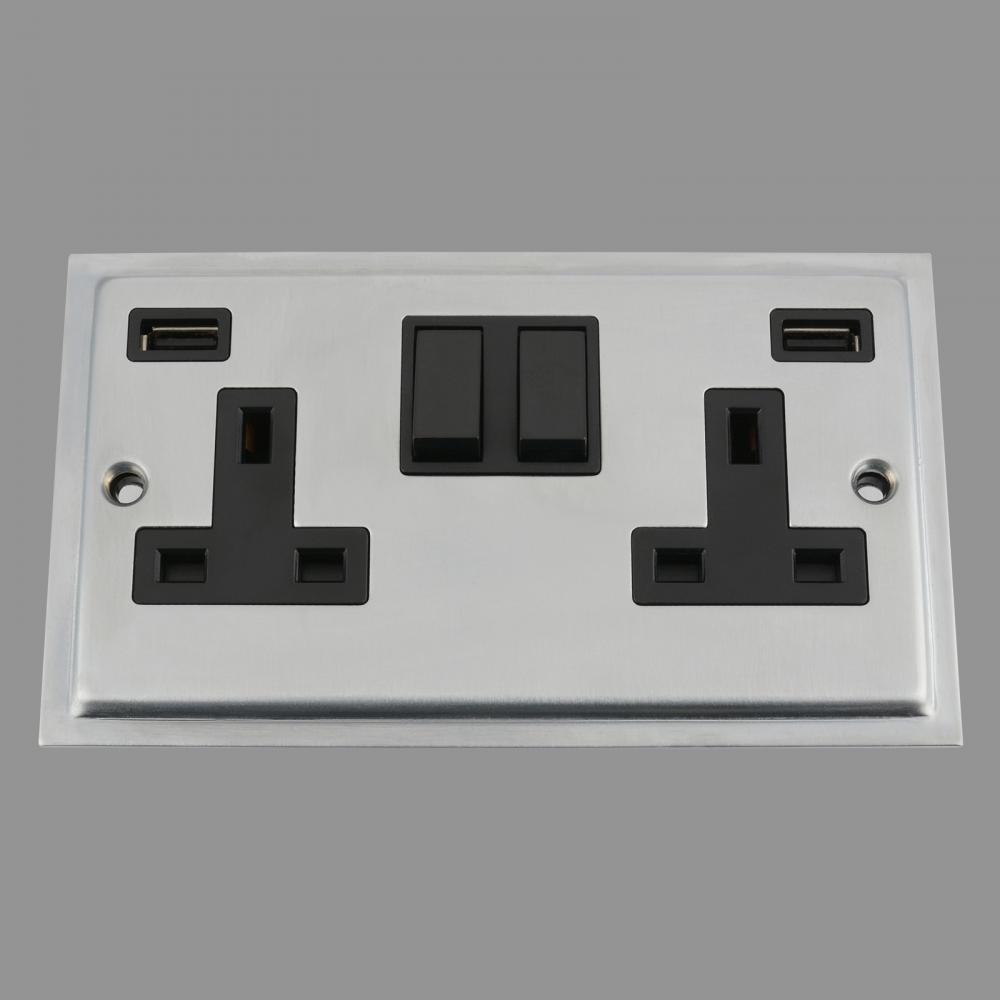 USB Socket 2 Gang Black Insert Plastic Rocker Switch 3.1