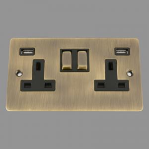 ANTIQUE BRASS FLAT USB Socket 3.1A 2 Gang Black Insert Metal Rocker Switch